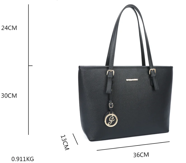 Sac cabas Gallantry – Simili cuir grainé noir, cabas spacieux avec pendentif logo doré