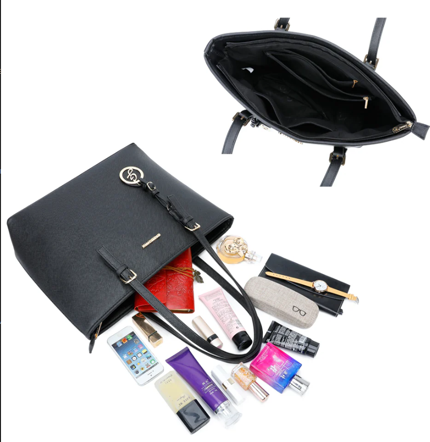 Sac cabas Gallantry – Simili cuir grainé noir, cabas spacieux avec pendentif logo doré