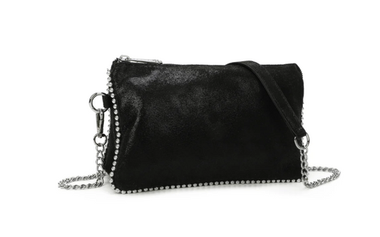 Sac bandoulière Aurora Gallantry en suédine noire avec chaîne argentée