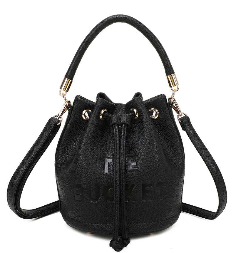 Sac seau  Gallantry – Simili cuir noir grainé, anse élégante & bandoulière réglable