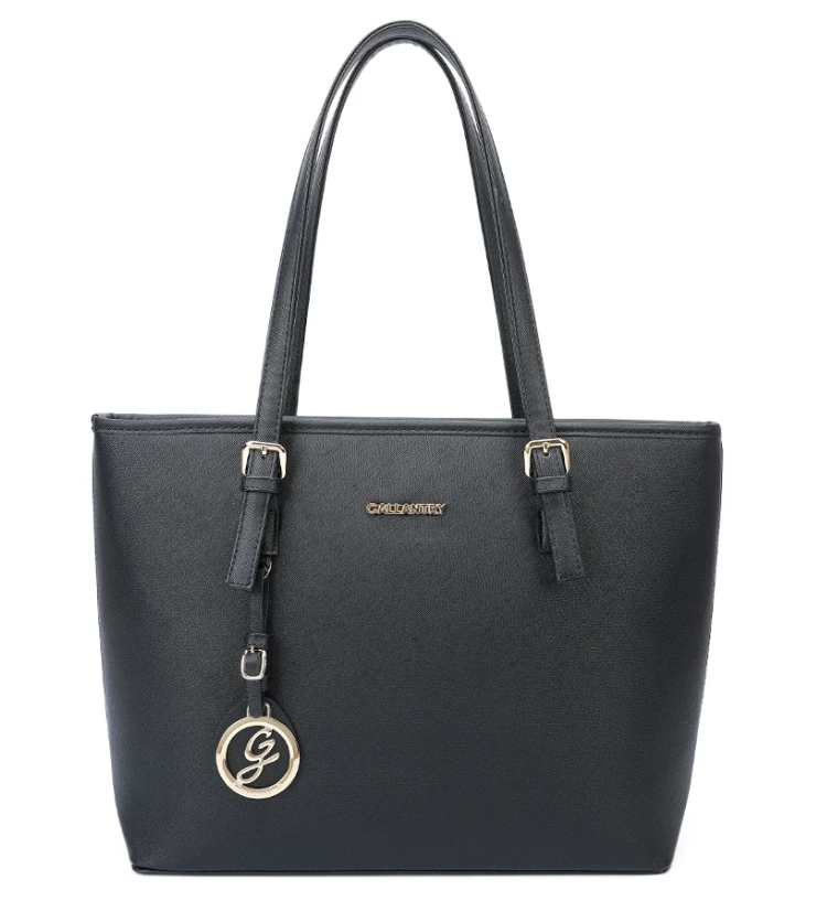 Sac cabas Gallantry – Simili cuir grainé noir, cabas spacieux avec pendentif logo doré