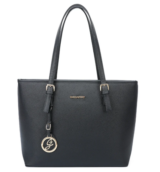 Sac cabas Gallantry – Simili cuir grainé noir, cabas spacieux avec pendentif logo doré
